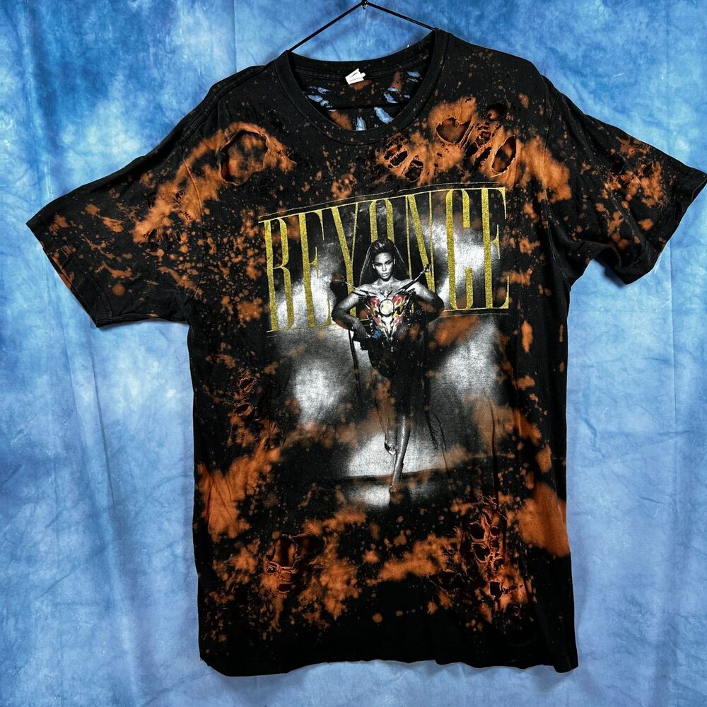 Beyonce Graphic T Shirt Large Tultex Distressed Bleach Dyed Shredded Grunge Tee